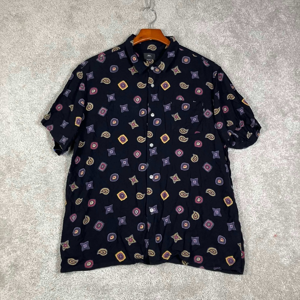Obey Button Up Shirt Mens Large Black Paisley Geometric Viscose Short Sleeve
